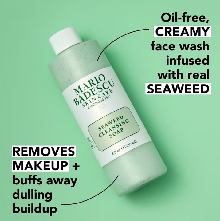 Mario Badescu product beside seaweed ingredient visuals showing mineral-rich formula