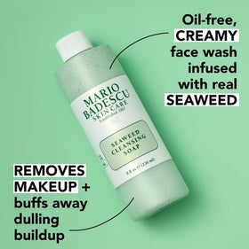 Mario Badescu product beside seaweed ingredient visuals showing mineral-rich formula