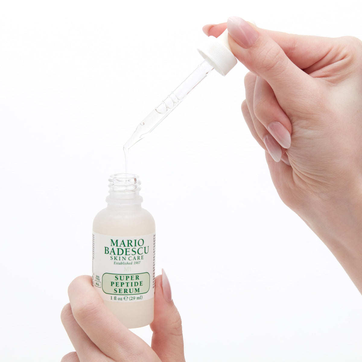 Mario Badescu serum layered under moisturizer illustrating boosted hydration and improved finish