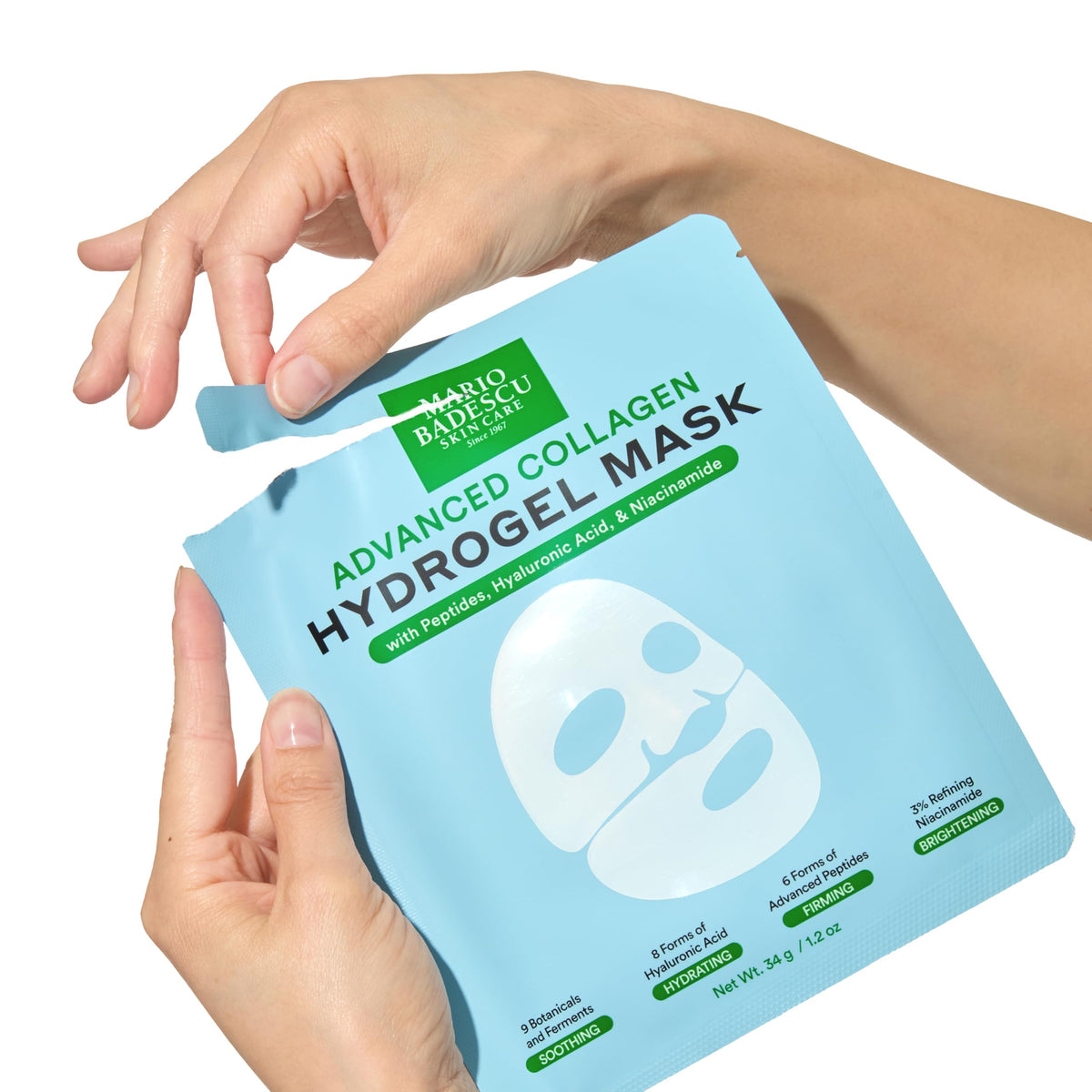 Mario Badescu mask held in hand for scale showing single-treatment size