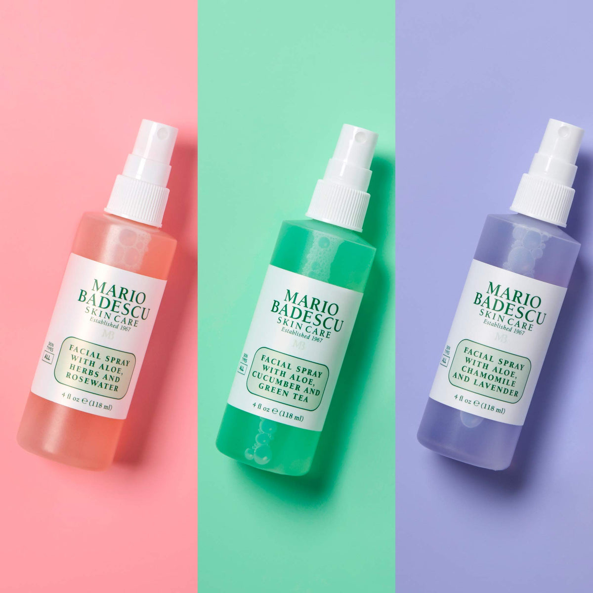 Mario Badescu bottles next to hand showing travel-friendly size