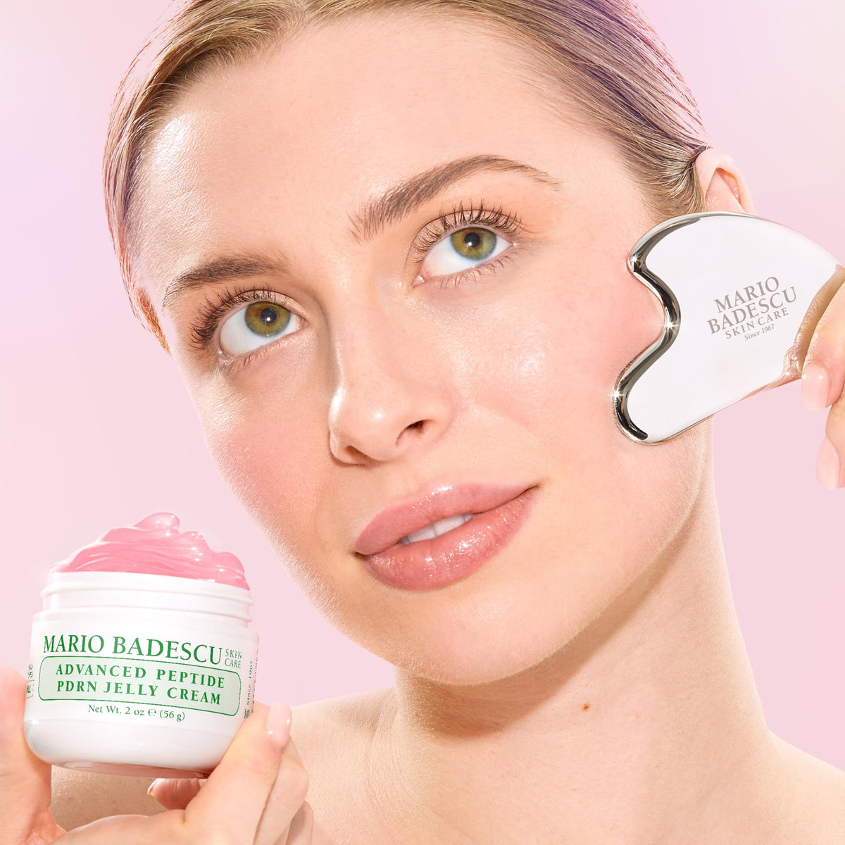 Mario Badescu jar held in hand for scale showing convenient travel-friendly size
