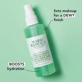 Mario Badescu facial mist droplet on skin illustrating lightweight hydration