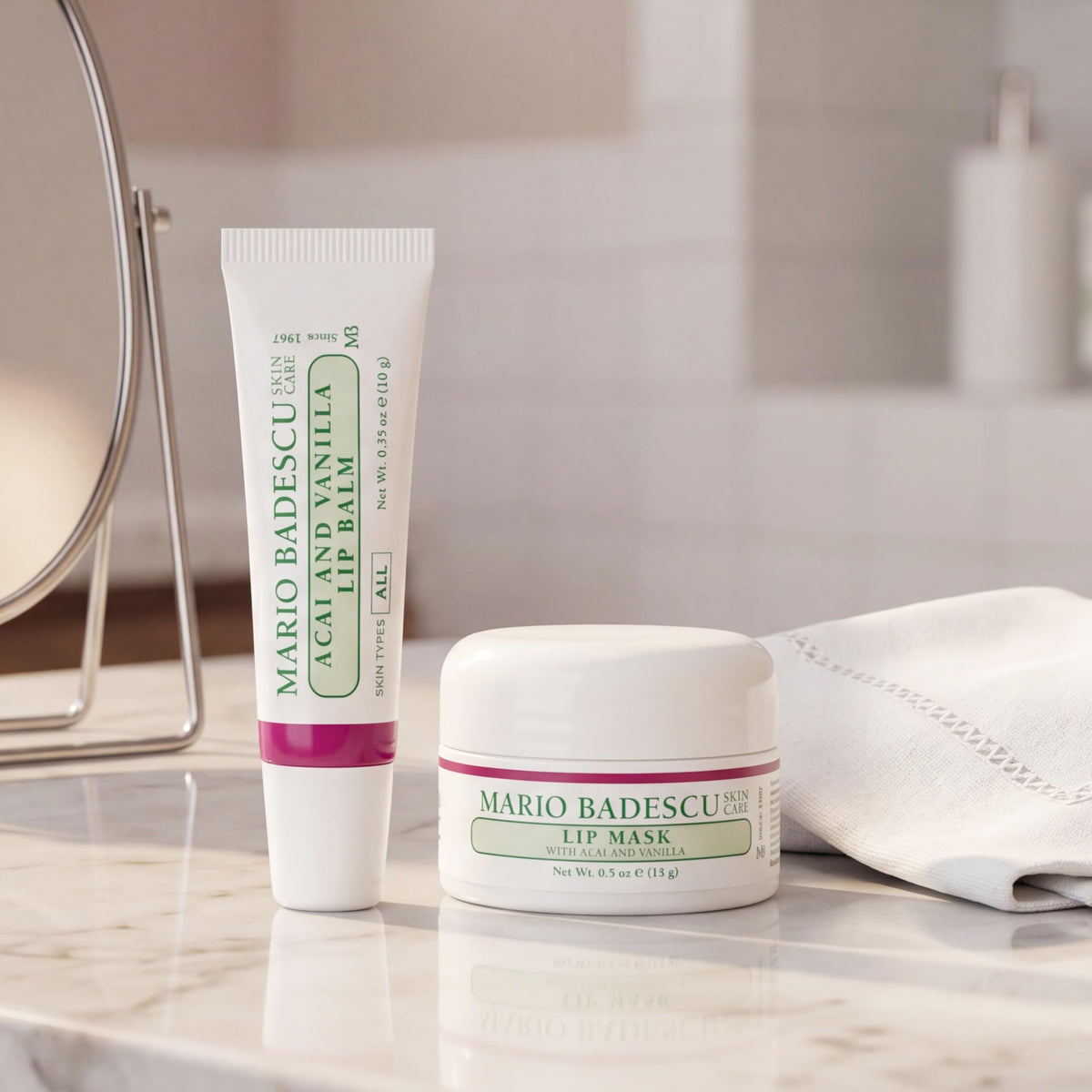 Mario Badescu duo neatly packed in a travel pouch for easy on-the-go lip care