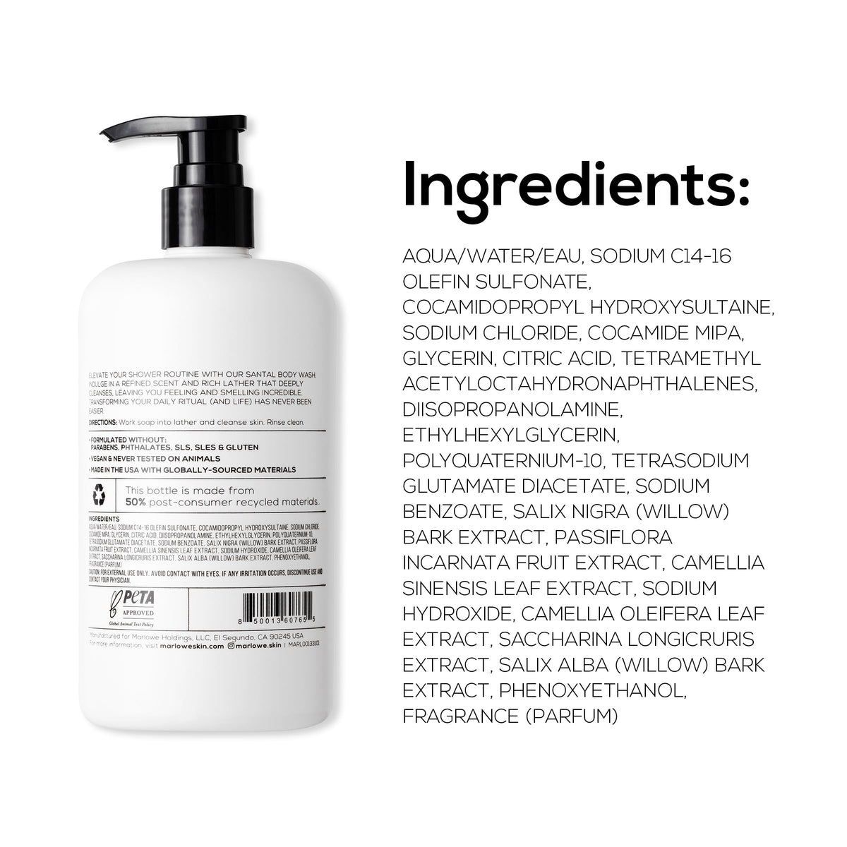 MARLOWE. back label close-up emphasizing clean ingredient claims