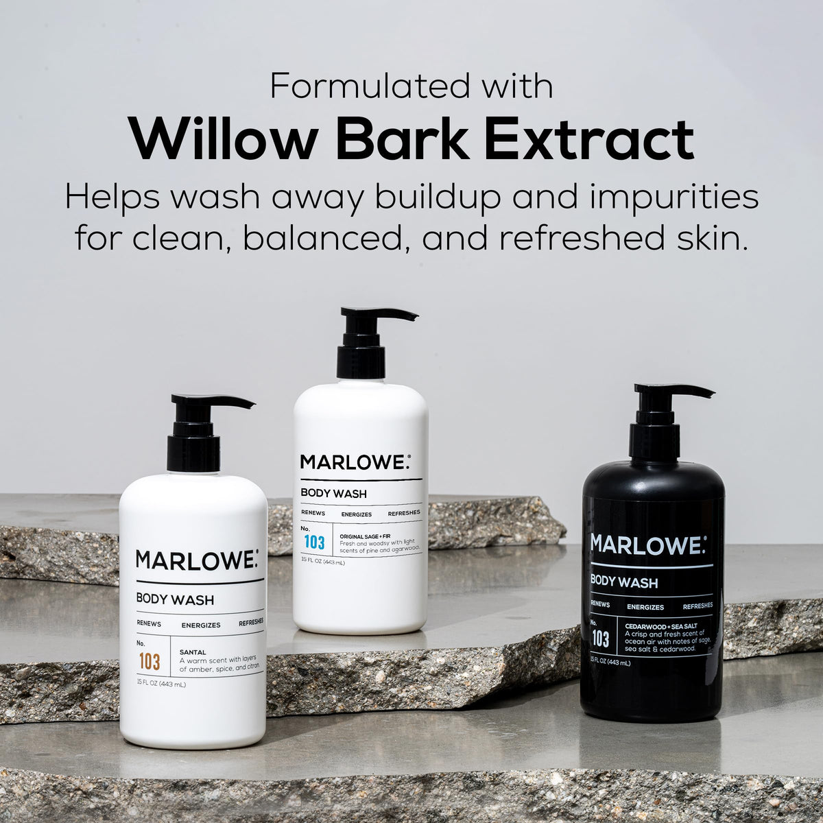MARLOWE. body wash used in shower demonstrating energizing routine