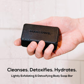 MARLOWE close-up of charcoal soap texture for gentle exfoliation