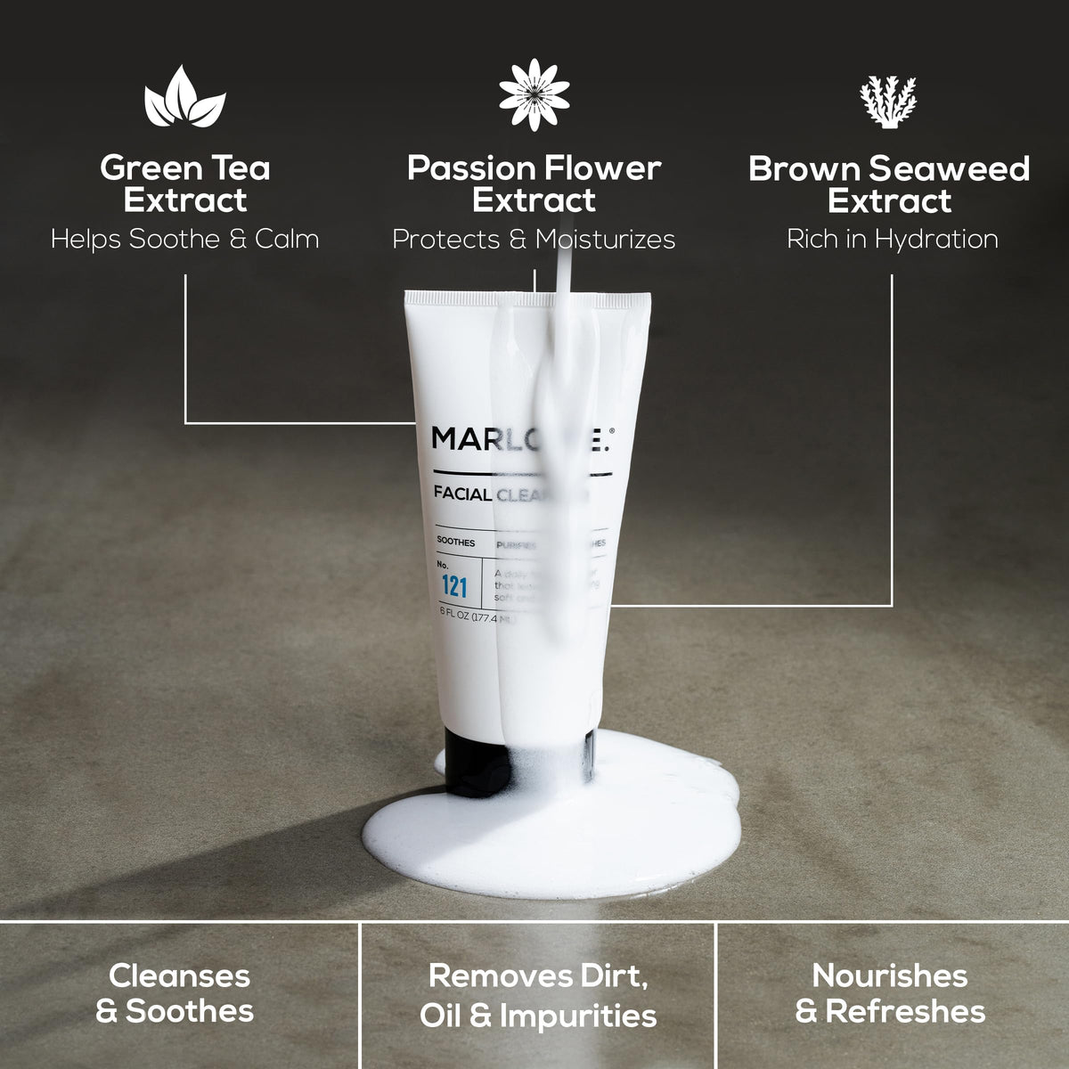 MARLOWE. cleanser in hand showing 6 oz scale for travel and gym convenience