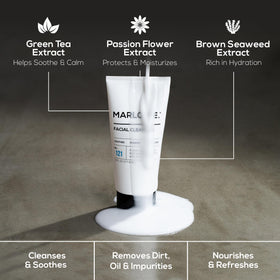MARLOWE. cleanser in hand showing 6 oz scale for travel and gym convenience