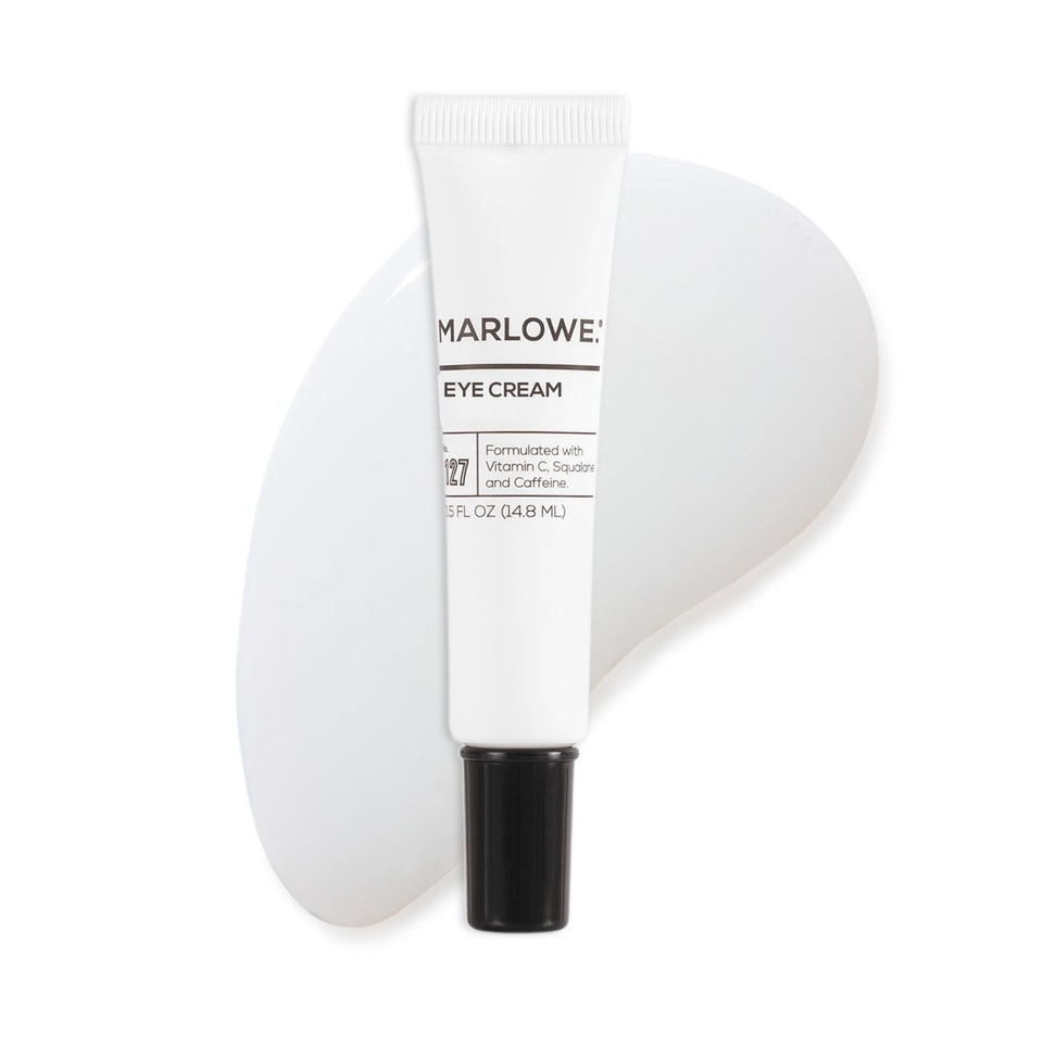 MARLOWE. front tube view showing compact 0.5 oz eye cream for travel convenience
