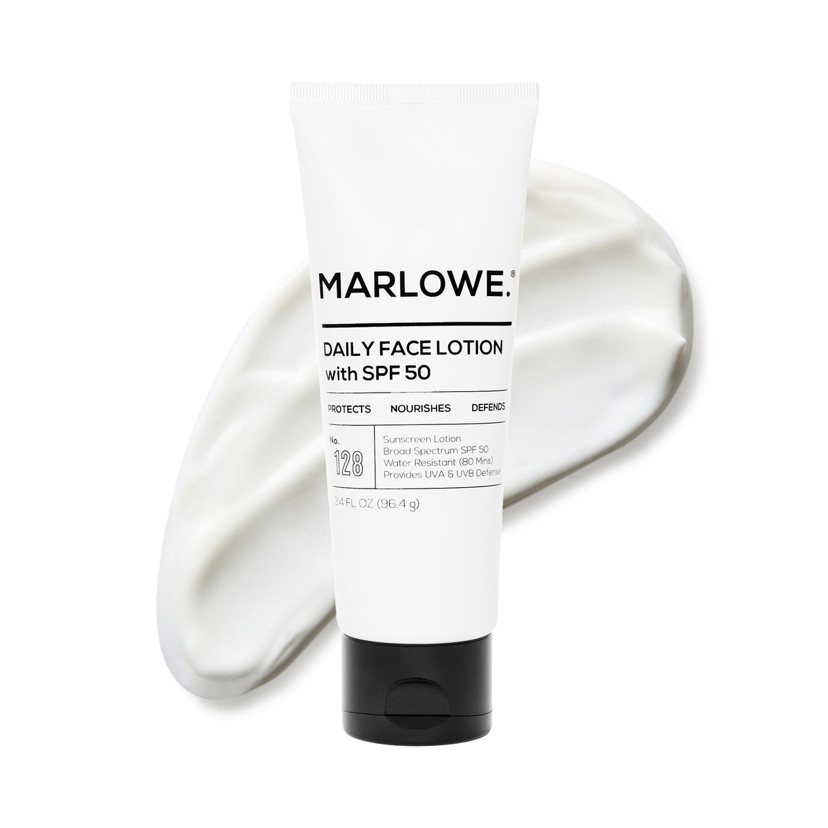 MARLOWE front label showing SPF 50 and clean formulation benefits