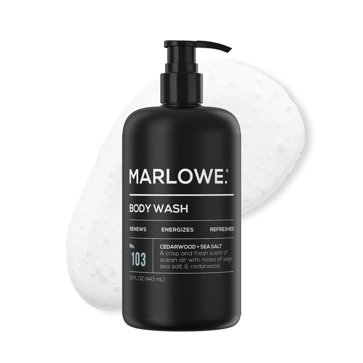 MARLOWE. front packaging showing cedarwood sea salt scent and pump
