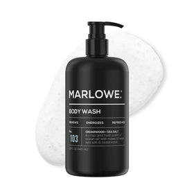MARLOWE. front packaging showing cedarwood sea salt scent and pump