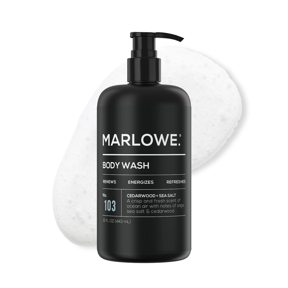 MARLOWE. front packaging showing cedarwood sea salt scent and pump