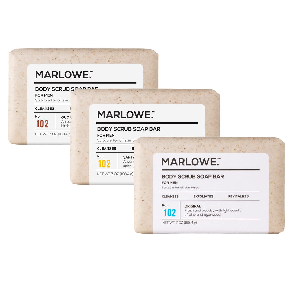 MARLOWE. trio front packaging showing three scent bars and clear branding benefits variety