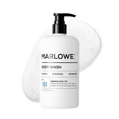 MARLOWE front pump bottle on bathroom counter showing clean design and easy dispensing