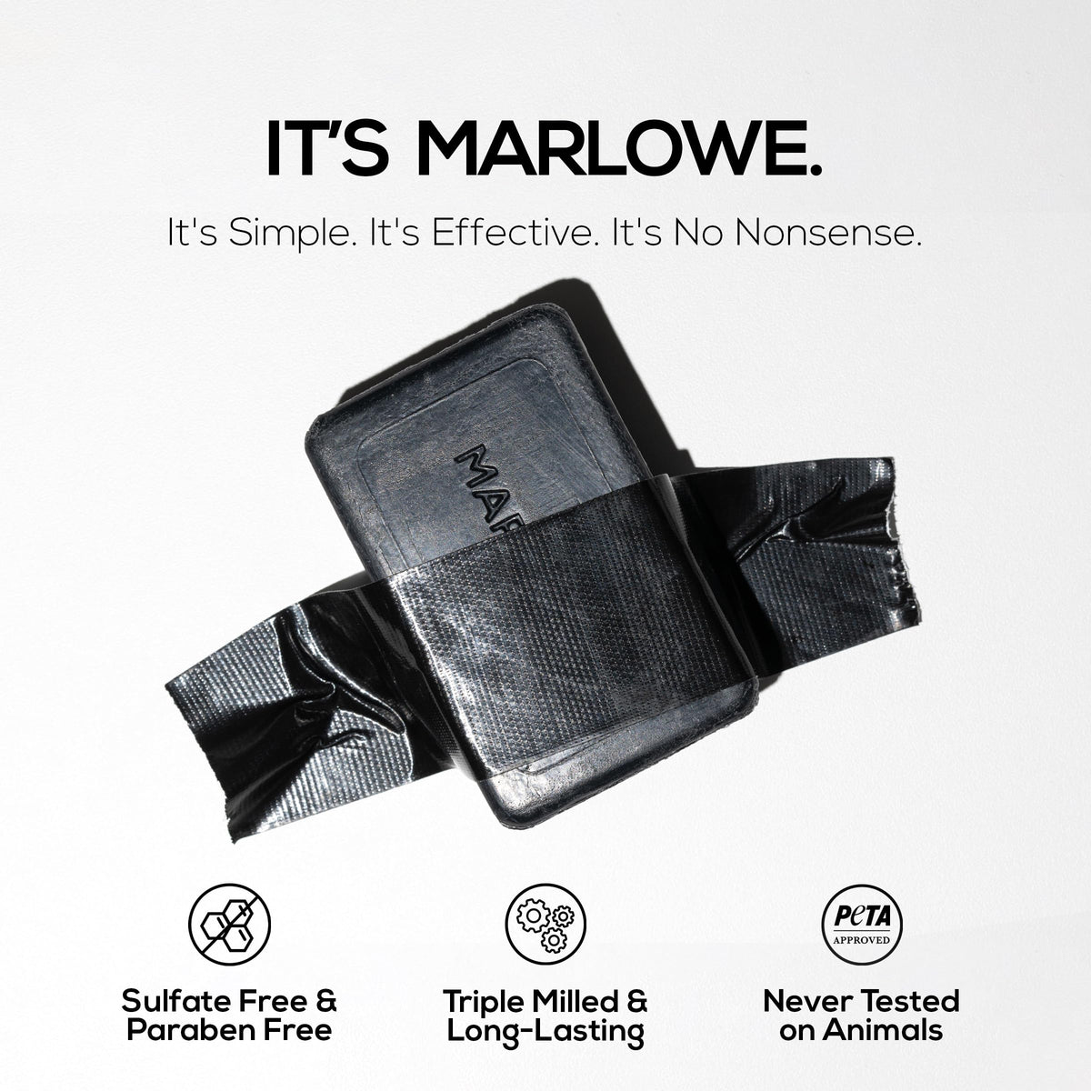 MARLOWE charcoal, shea and olive oil display highlighting nourishing ingredients