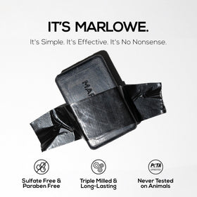 MARLOWE charcoal, shea and olive oil display highlighting nourishing ingredients