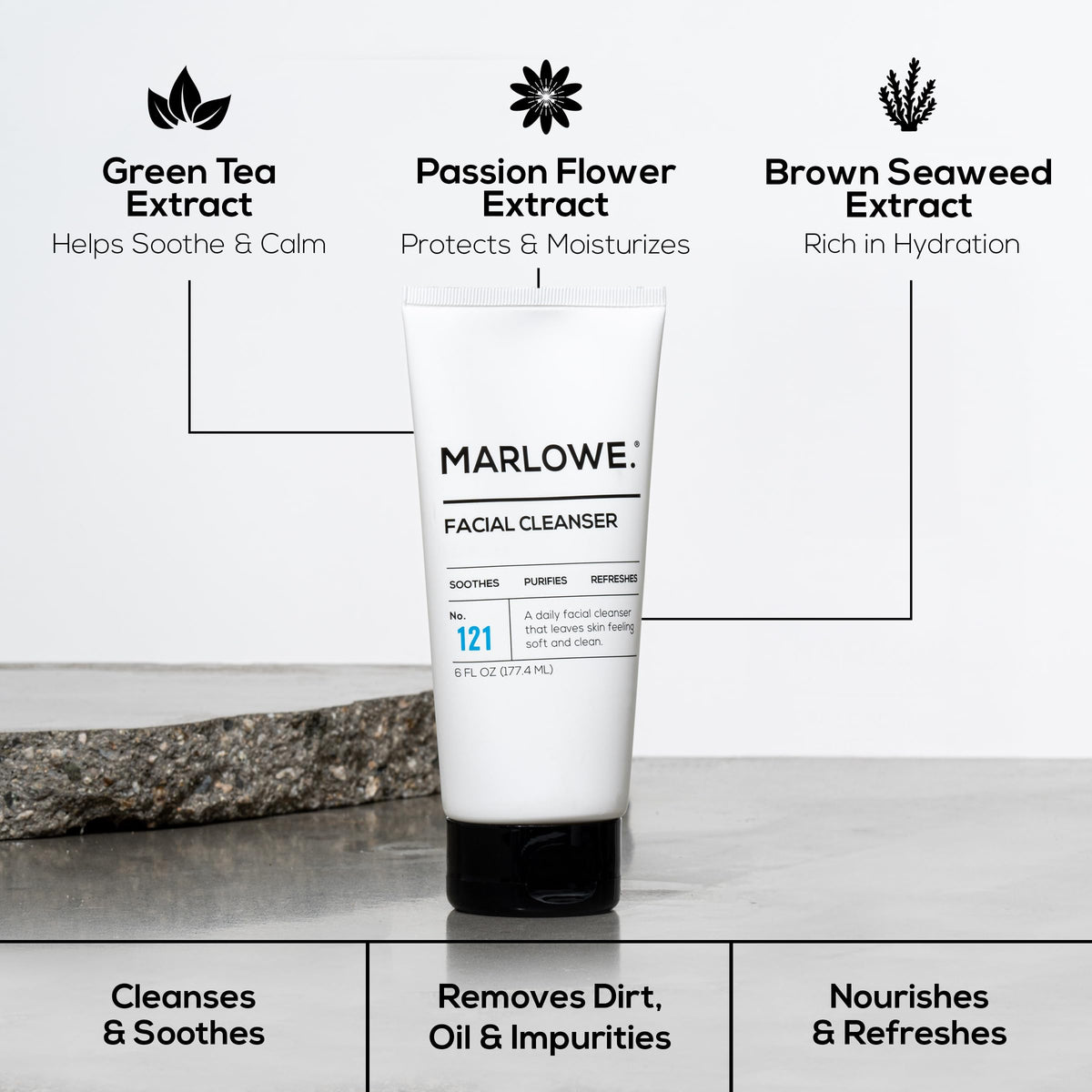 MARLOWE. ingredients label highlighting green tea, passion flower, and brown seaweed extracts