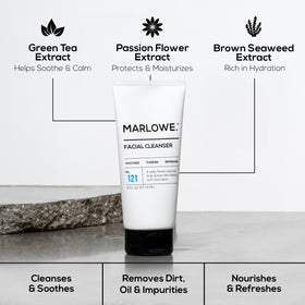 MARLOWE. ingredients label highlighting green tea, passion flower, and brown seaweed extracts