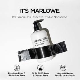 MARLOWE label detail highlighting willow bark and green tea extracts for skin nourishment
