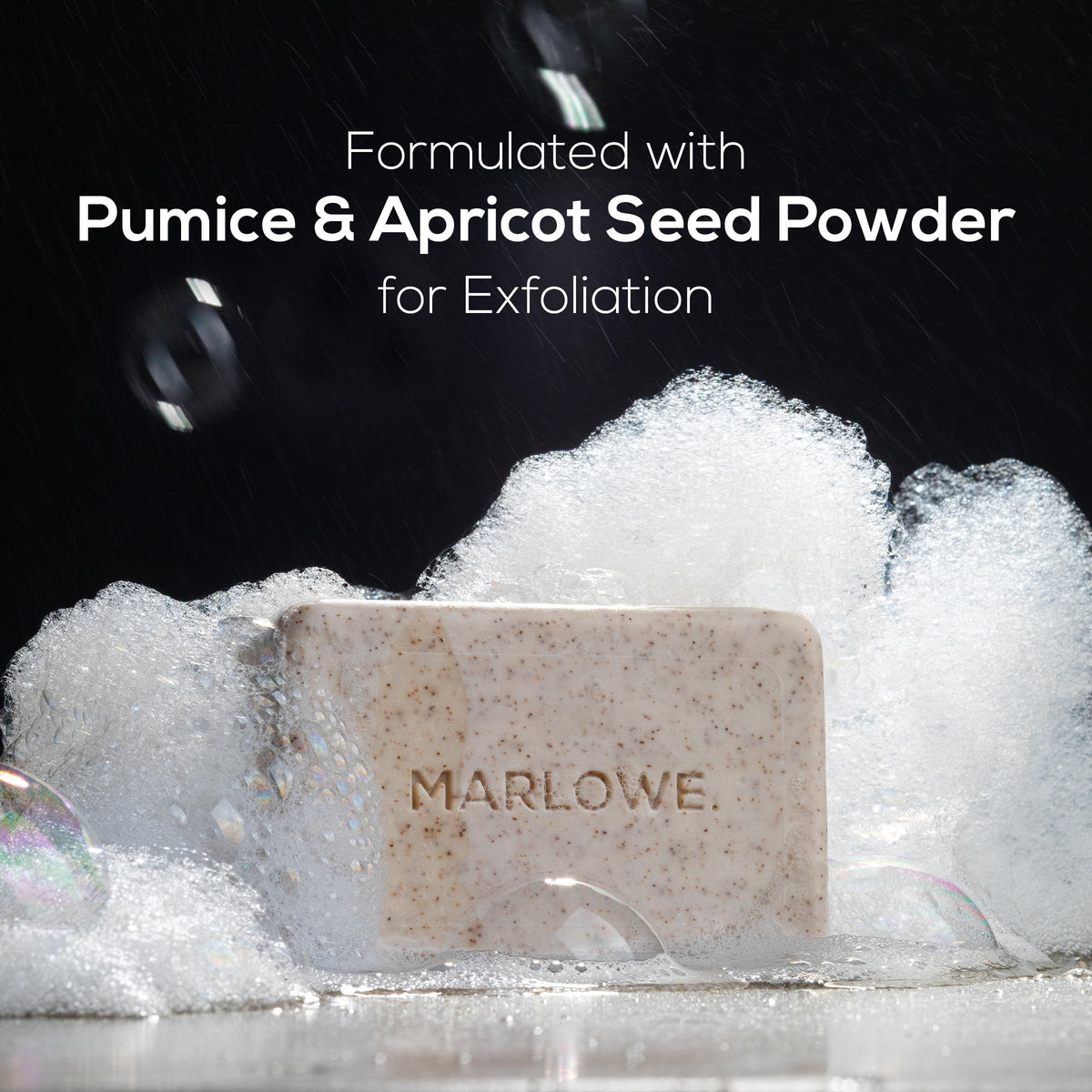 MARLOWE. lather in hand showing rich foam and gentle cleansing benefit