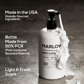 MARLOWE. bottle staged with body wash suggesting layered grooming routine
