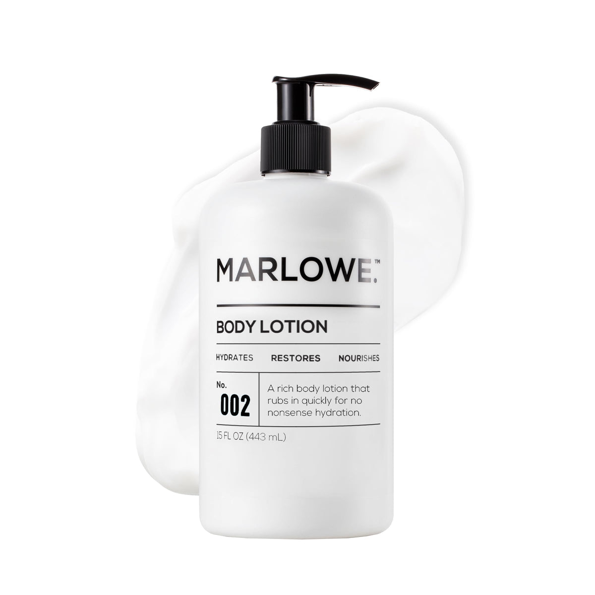 MARLOWE. pump bottle front view showing label and easy dispensing benefit