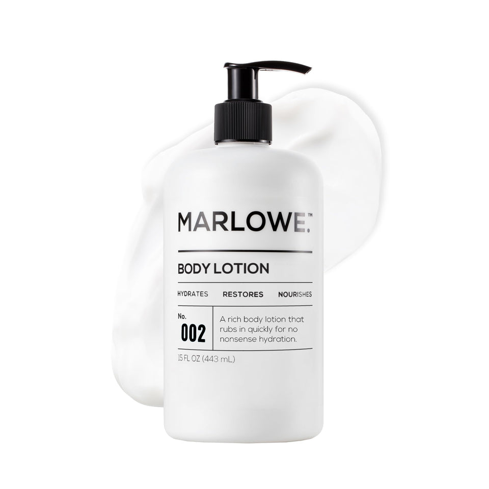 MARLOWE. pump bottle front view showing label and easy dispensing benefit