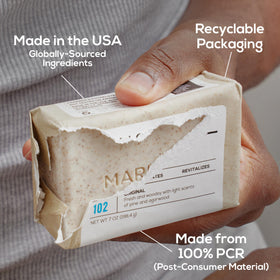 MARLOWE. soap in a shower setting showing daily-use freshness benefit