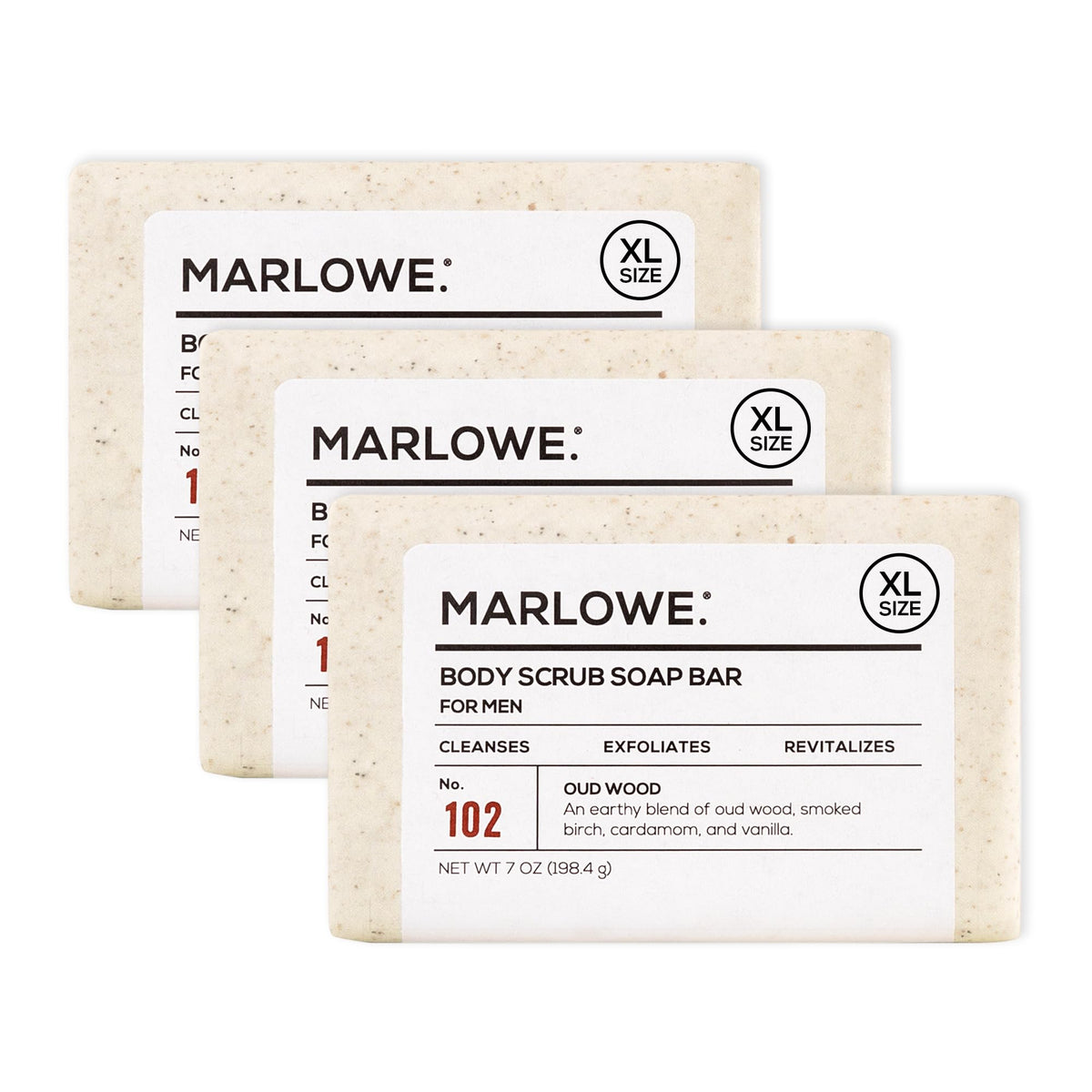 MARLOWE. front packaging showing three 7 oz bars and scent name for easy identification