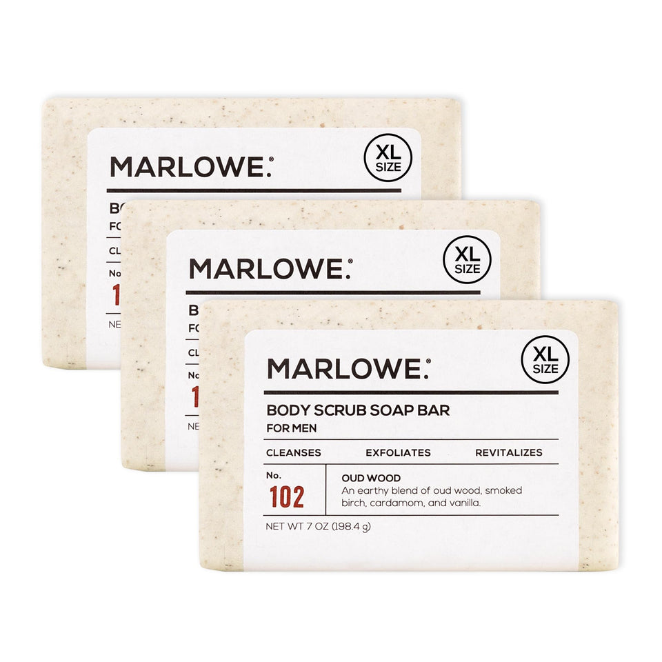 MARLOWE. front packaging showing three 7 oz bars and scent name for easy identification