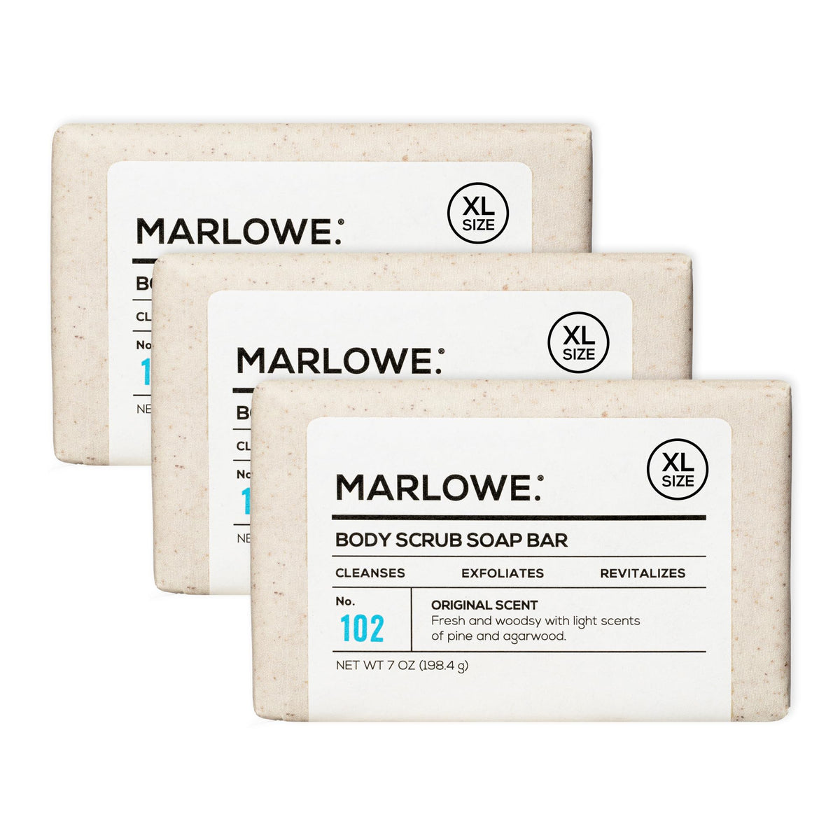 MARLOWE bar front packaging showing scent and size, conveys quality and longevity