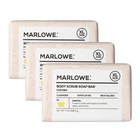 MARLOWE. front packaging showing bar trio and scent benefits