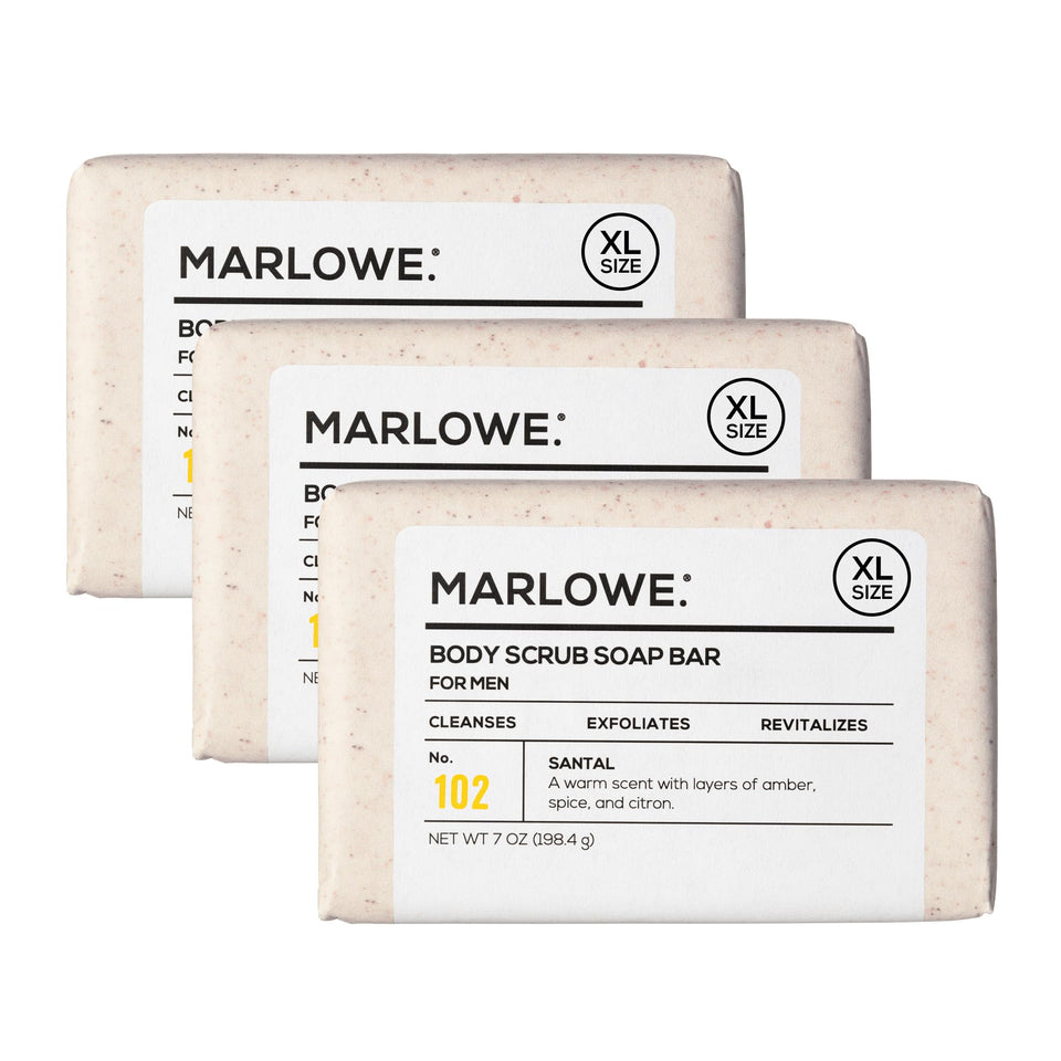 MARLOWE. front packaging showing bar trio and scent benefits