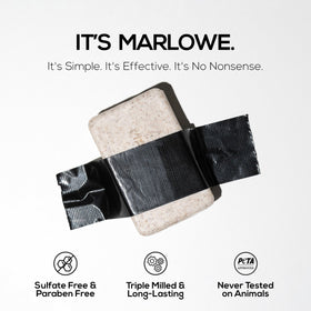 MARLOWE. bar next to a coin for scale showing long-lasting 7 oz size benefit