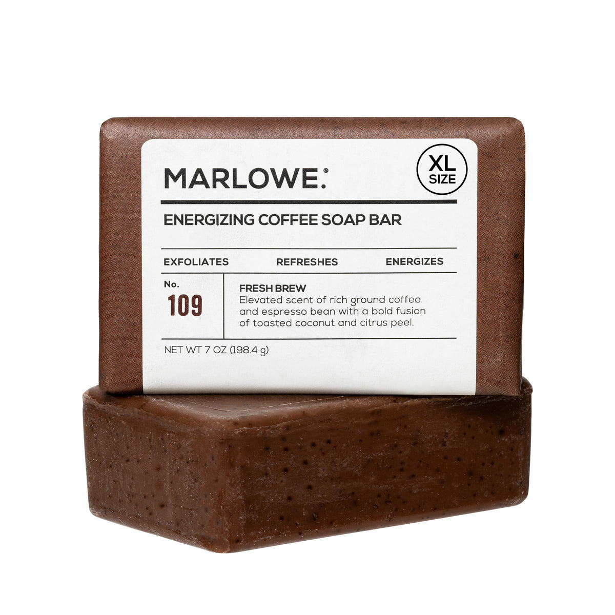 MARLOWE. front packaging showing 7 oz bar and Fresh Brew scent benefit