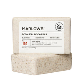 MARLOWE. front-packaging showing 7 oz exfoliating bar and oud wood label benefits