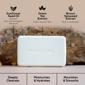 MARLOWE. soap on bathroom shelf in styled setting, suggests everyday grooming use