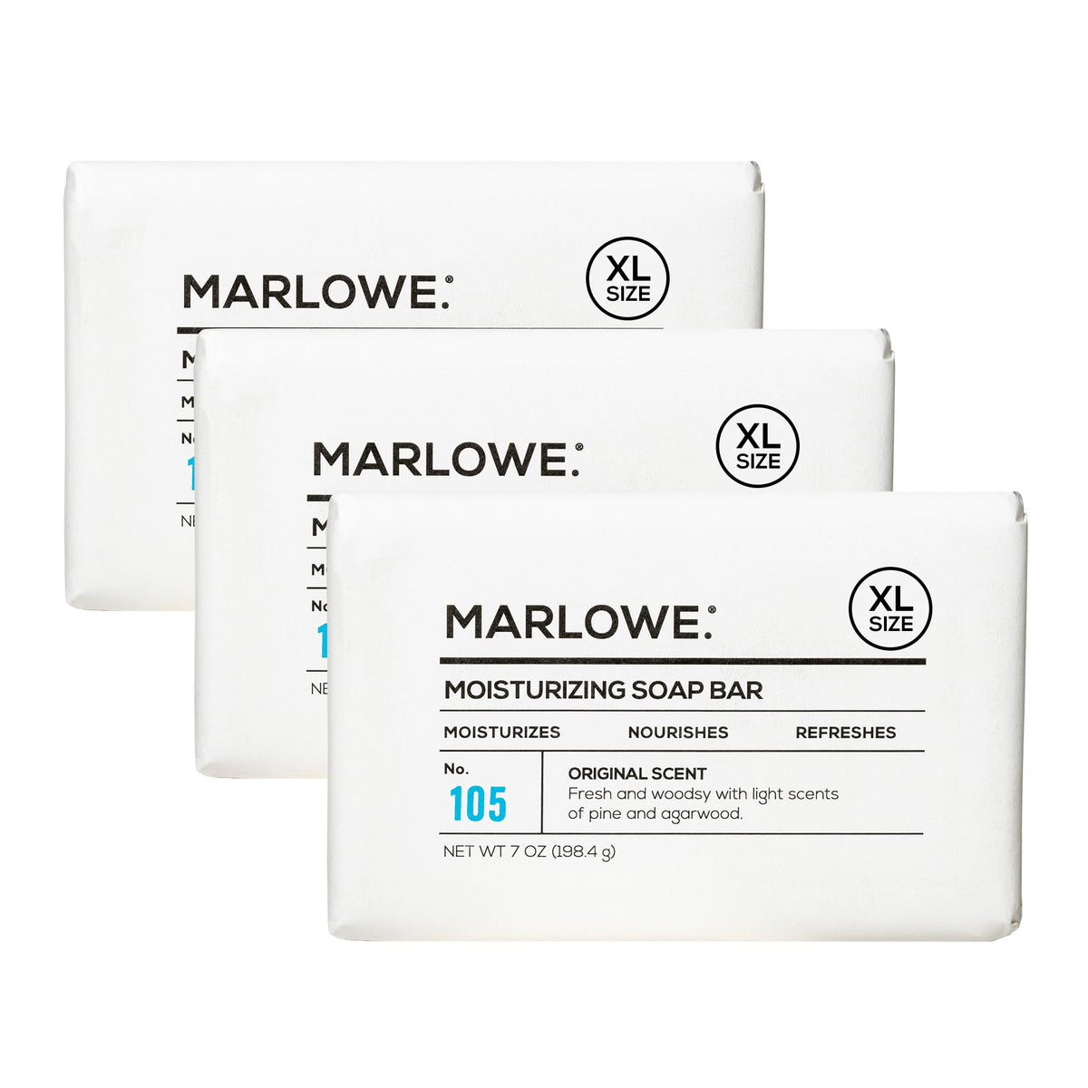 MARLOWE. front packaging showing three 7 oz bars and scent label, highlights convenience