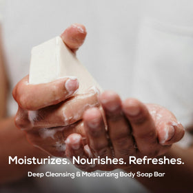 MARLOWE. close-up of soap texture and density, shows creamy triple-milled lather benefit