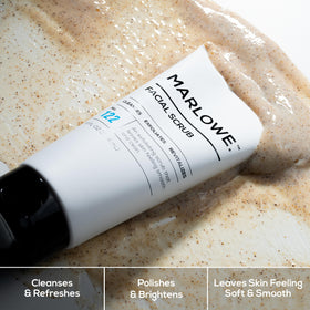 MARLOWE. ingredients flatlay with pumice and apricot seeds highlighting natural exfoliants