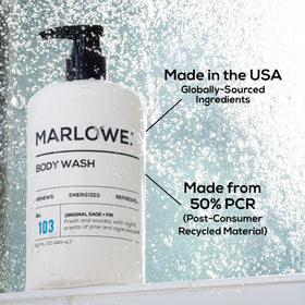 MARLOWE scent ingredients arranged with sage and fir visuals to imply fresh aroma
