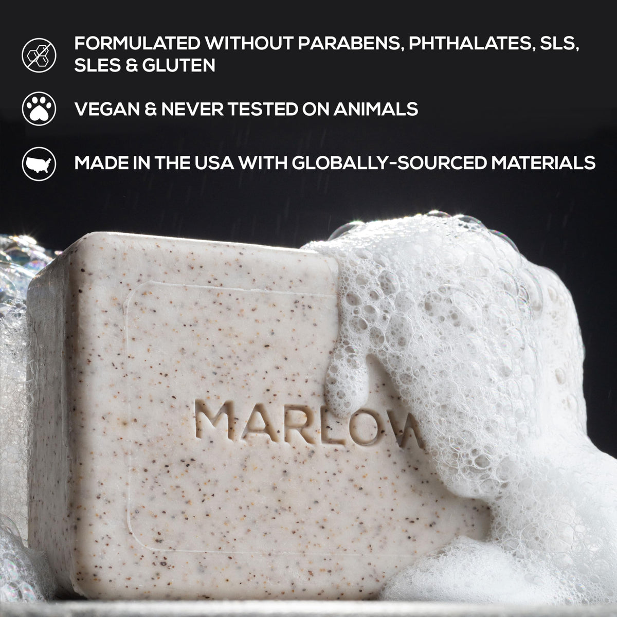MARLOWE. close-up of bar texture showing exfoliant granules for effective buffing