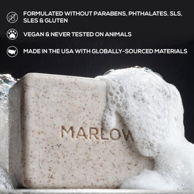 MARLOWE. close-up of bar texture showing exfoliant granules for effective buffing