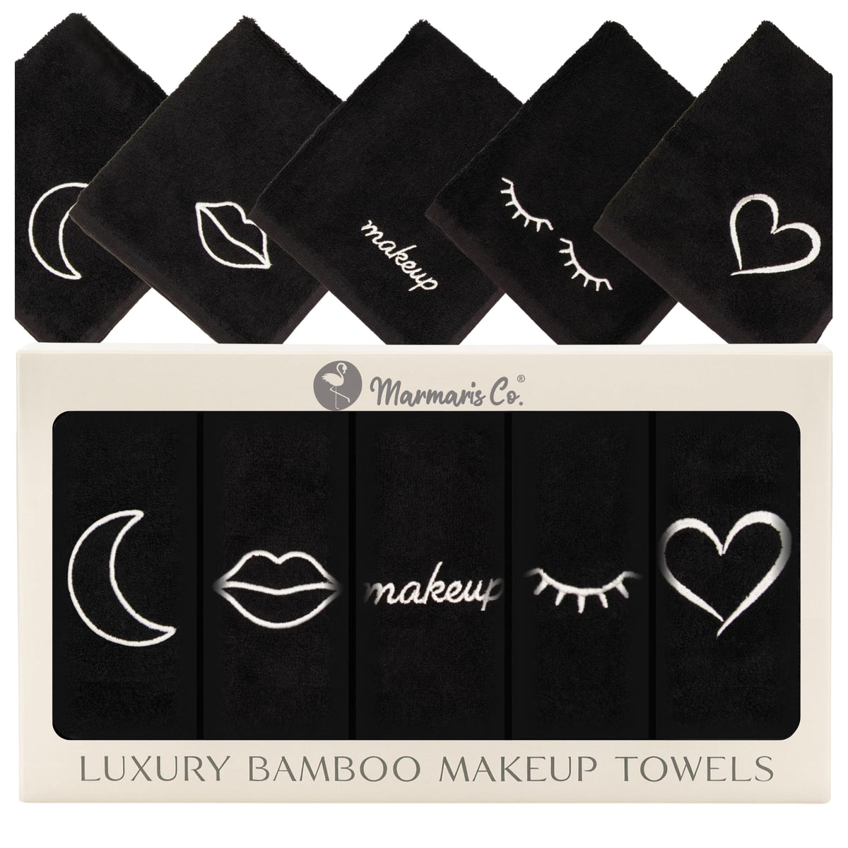 Marmaris Co. front packaging showing five black makeup washcloths, luxurious presentation