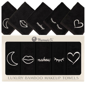 Marmaris Co. front packaging showing five black makeup washcloths, luxurious presentation