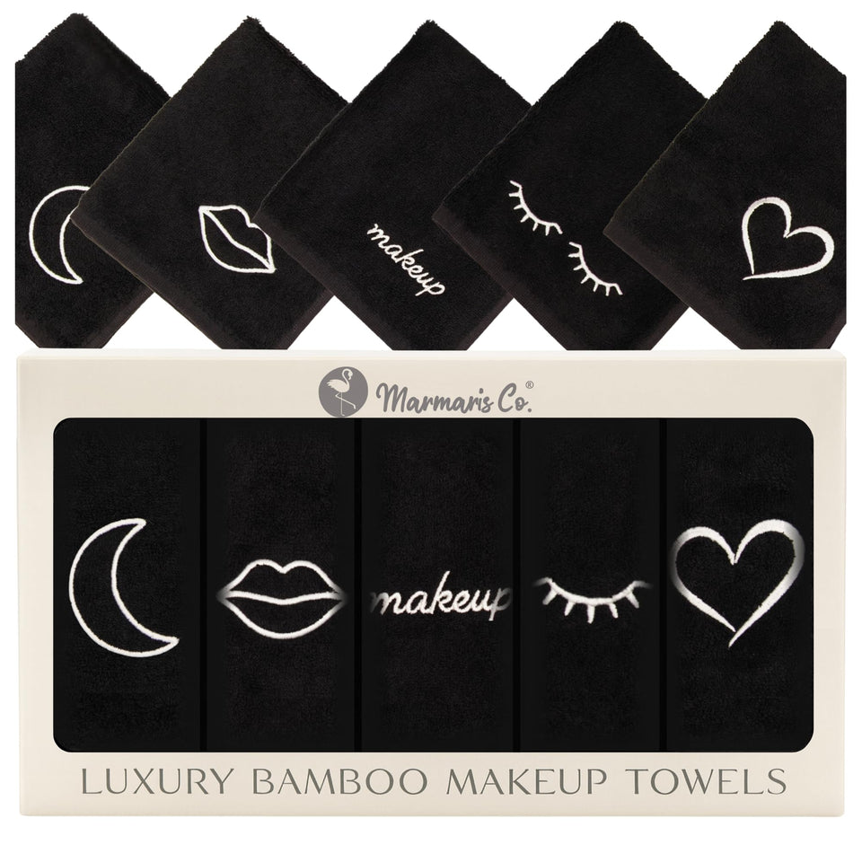 Marmaris Co. front packaging showing five black makeup washcloths, luxurious presentation