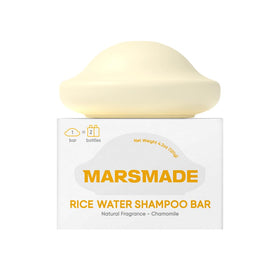 MARS MADE front view of rice water shampoo bar showing label and shape, promotes eco-benefit