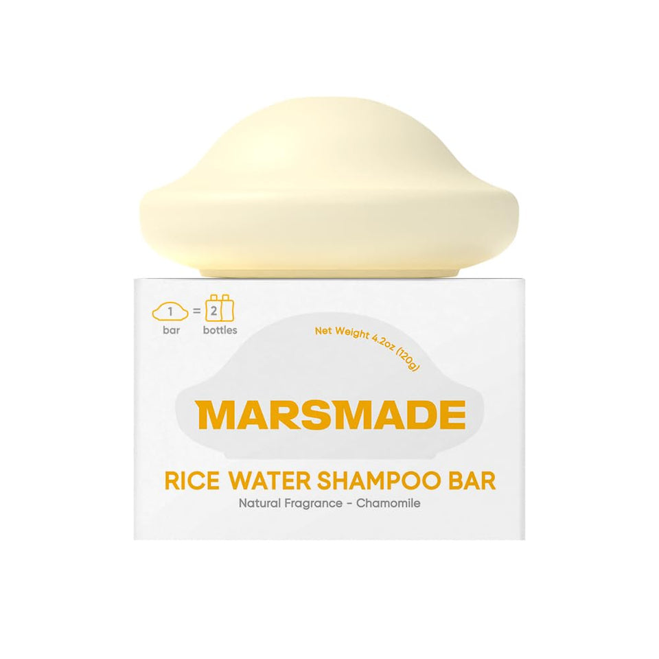 MARS MADE front view of rice water shampoo bar showing label and shape, promotes eco-benefit